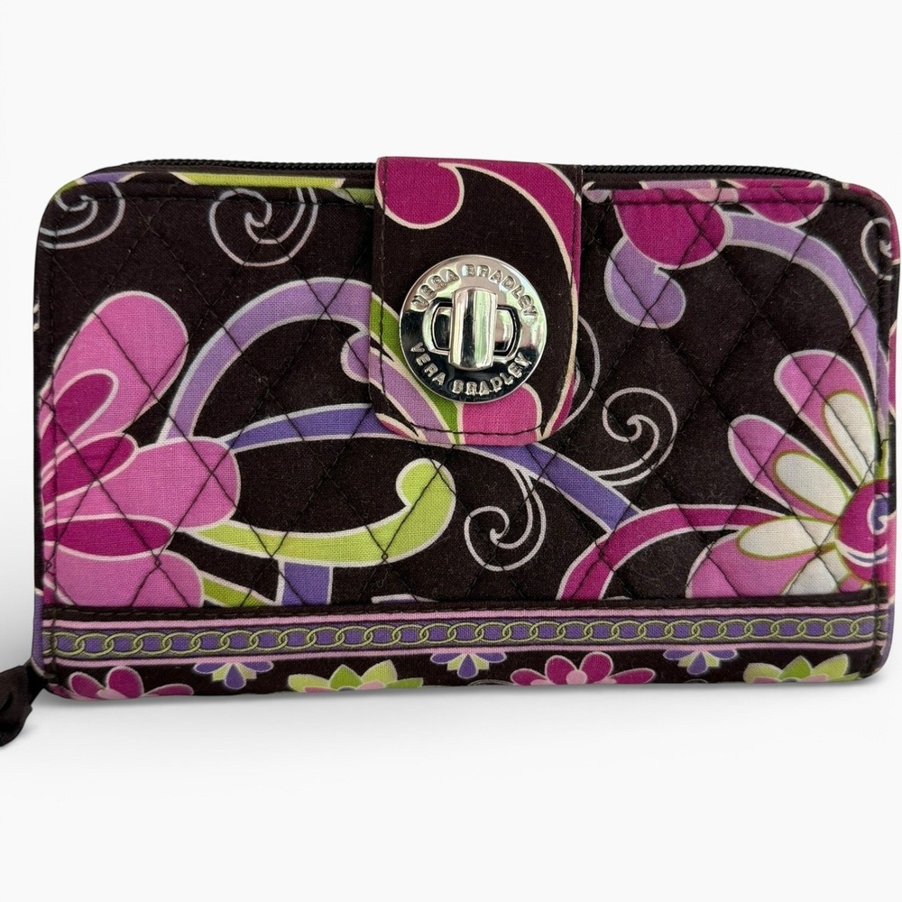 Vera Bradley Petal Paisley Quilted Turnlock Organizer Wallet Brown Pink Floral